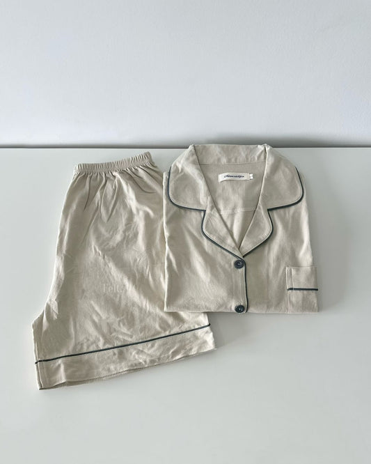 Beige Color Couple Pajamas Set (Short Sleeve with Short Pants)