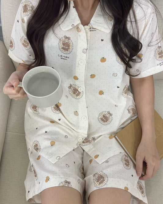 Tangerine Kitty Pajamas Set (Short Sleeve with Short Pants)