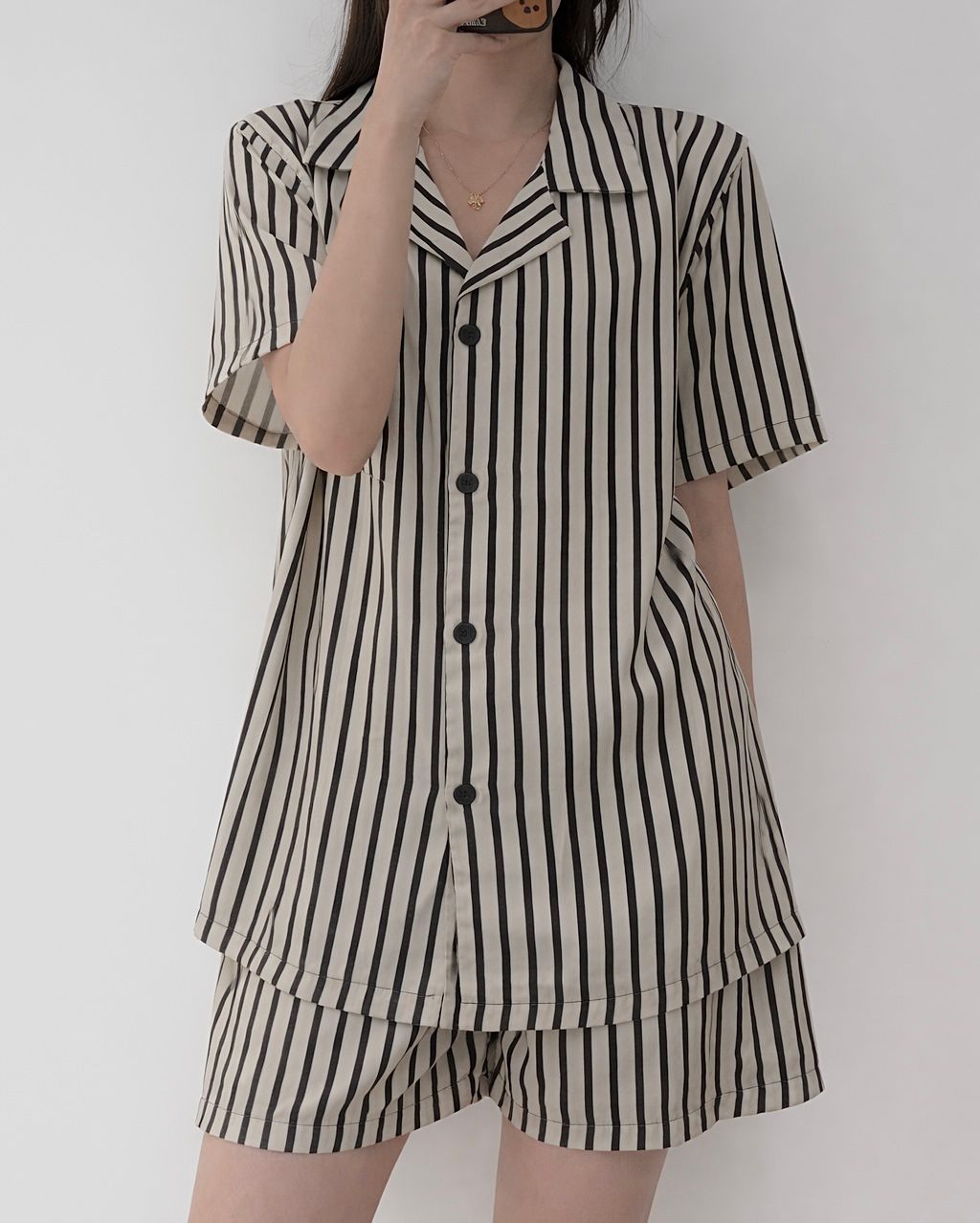 Ice Silk Stripes Pajamas Set (Short Sleeve with Short Pants)
