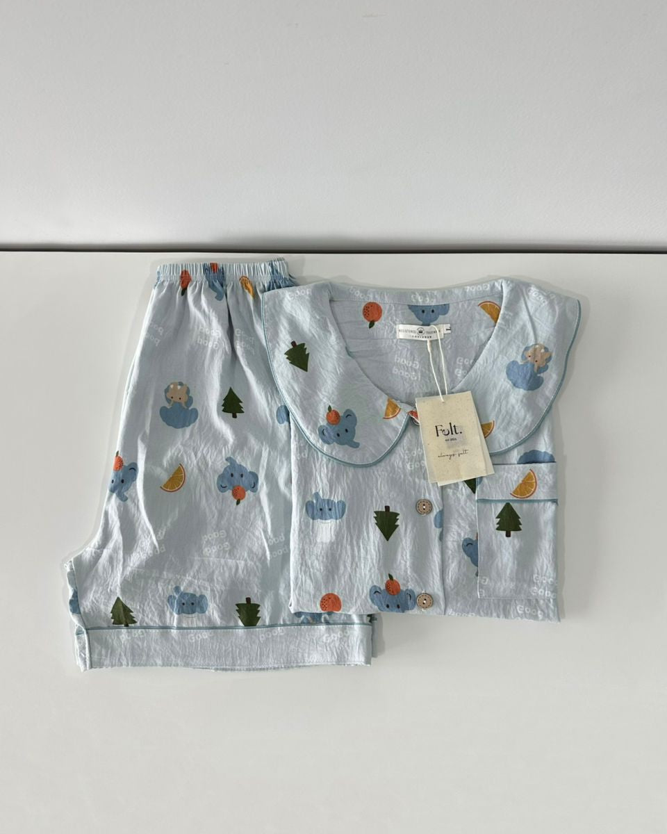 Blue Elephant Pajamas Set (Short Sleeve with Short Pants)
