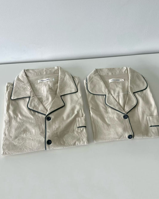 Beige Color Couple Pajamas Set (Short Sleeve with Short Pants)