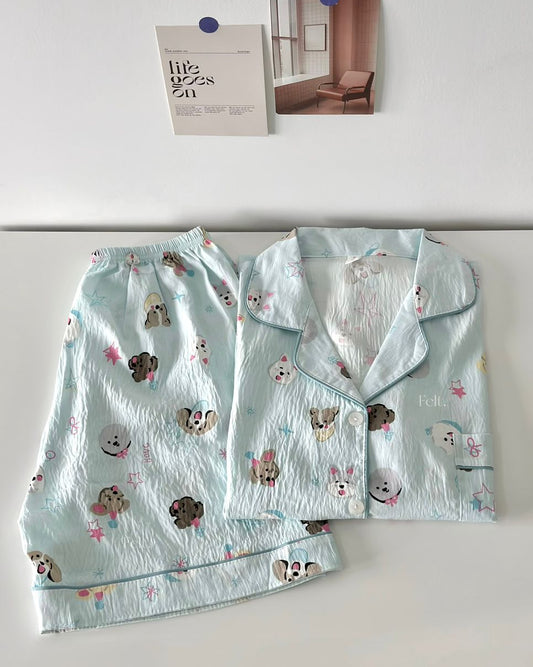Blue Doggy Pajamas Set (Short Sleeve with Short Pants)