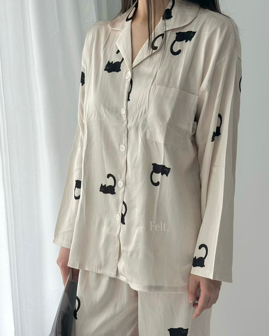 Ice Silk Little Cat Pajamas Set (Long Sleeve with Long Pants)