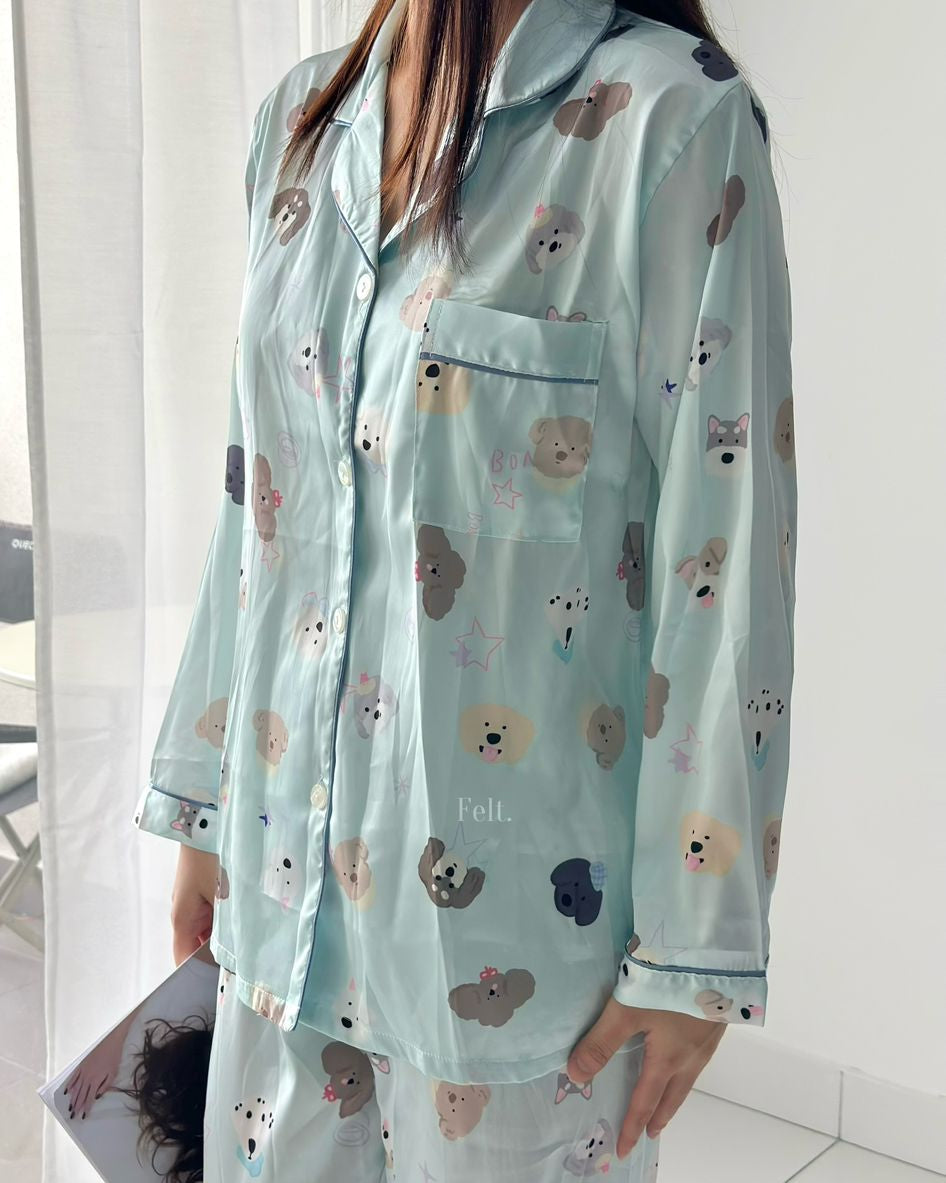 Ice Silk Blue Doggie Pajamas Set (Long Sleeve with Long Pants)