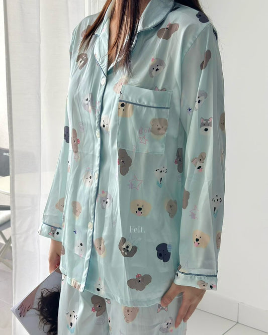 Ice Silk Blue Doggie Pajamas Set (Long Sleeve with Long Pants)
