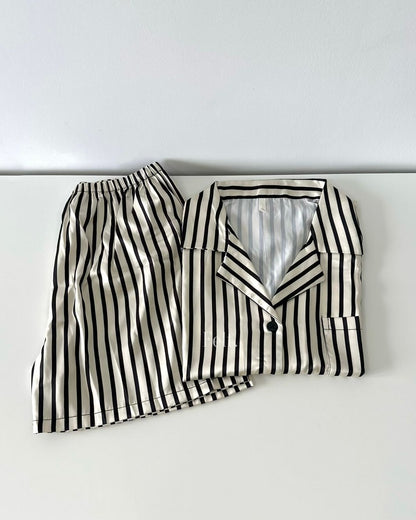 Ice Silk Stripes Pajamas Set (Short Sleeve with Short Pants)