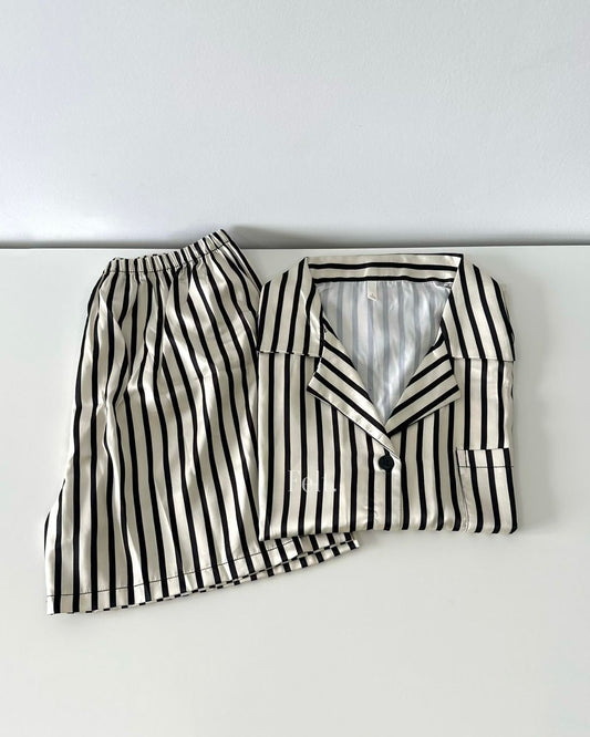 Ice Silk Stripes Pajamas Set (Short Sleeve with Short Pants)