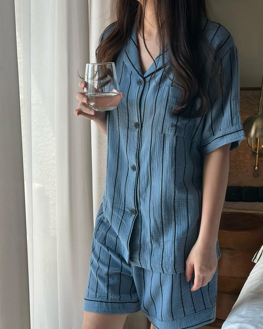 Blue Stripes Pajamas Set (Short Sleeve with Short Pants)