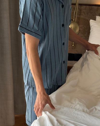 Blue Stripes Pajamas Set (Short Sleeve with Short Pants)