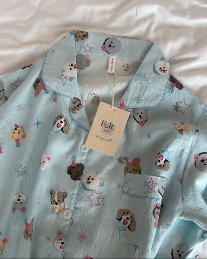 Blue Doggy Pajamas Set (Short Sleeve with Long Pants)