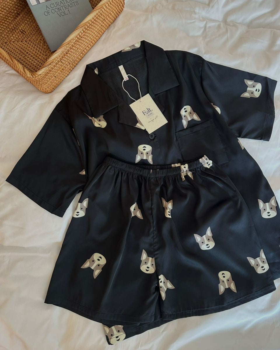 Ice Silk Doggy Couple Pajamas Set (Short Sleeve with Short Pants)