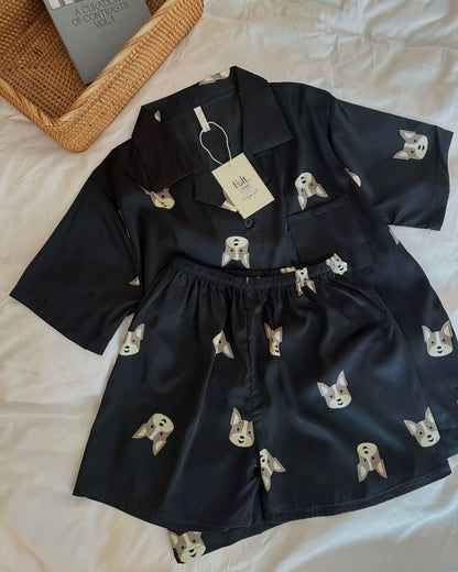 Ice Silk Doggy Couple Pajamas Set (Short Sleeve with Short Pants)
