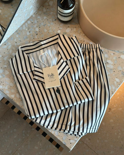 Ice Silk Stripes Pajamas Set (Short Sleeve with Short Pants)