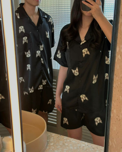 Ice Silk Doggy Couple Pajamas Set (Short Sleeve with Short Pants)