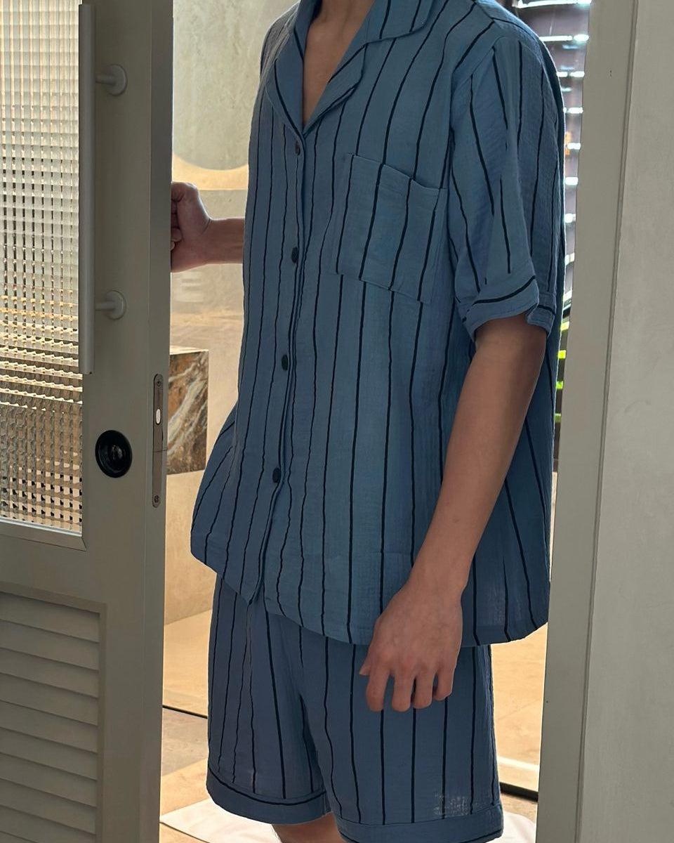 Blue Stripes Pajamas Set (Short Sleeve with Short Pants)